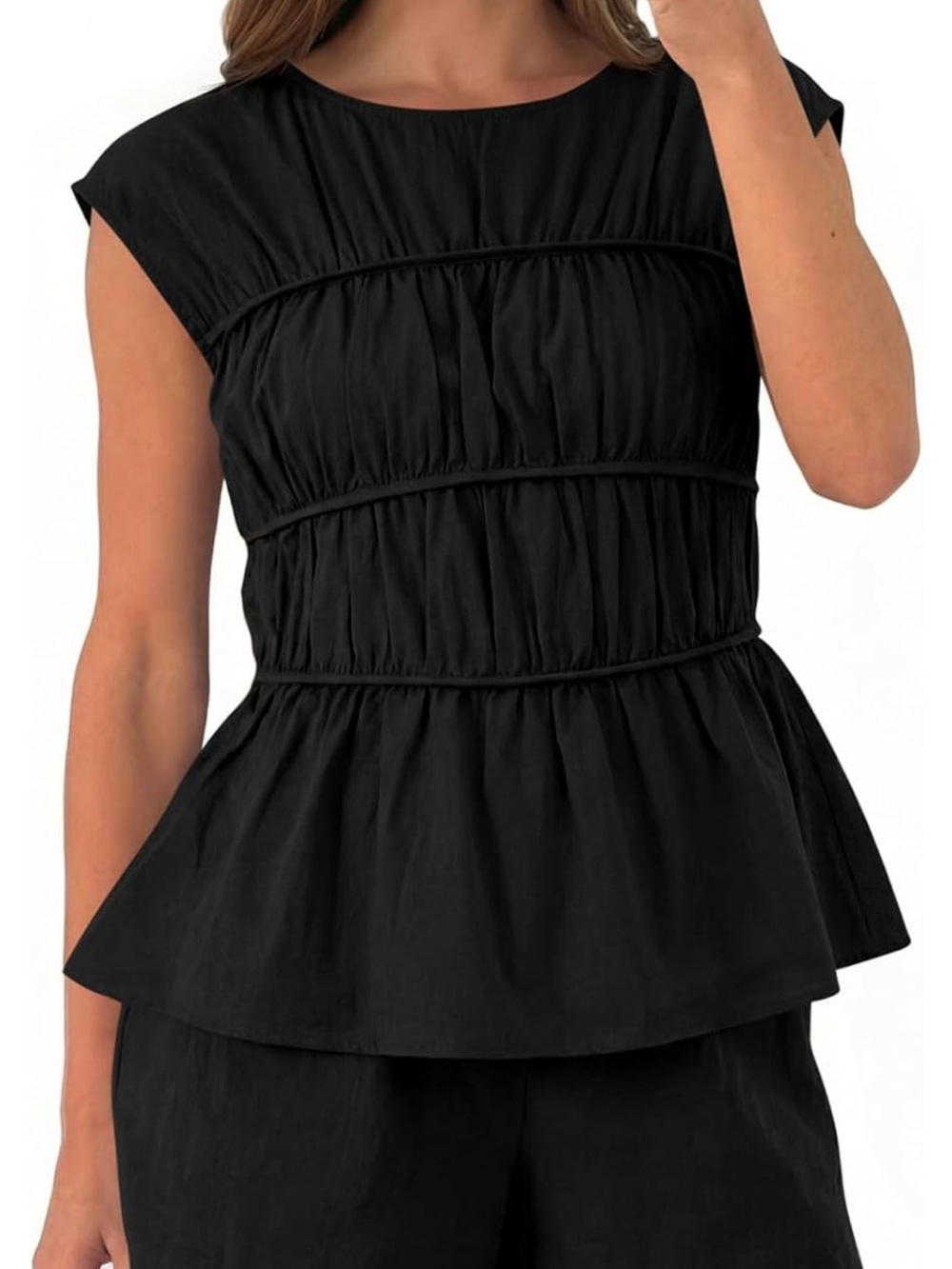Black Ruched Peplum Women's Top with shorts linen like material